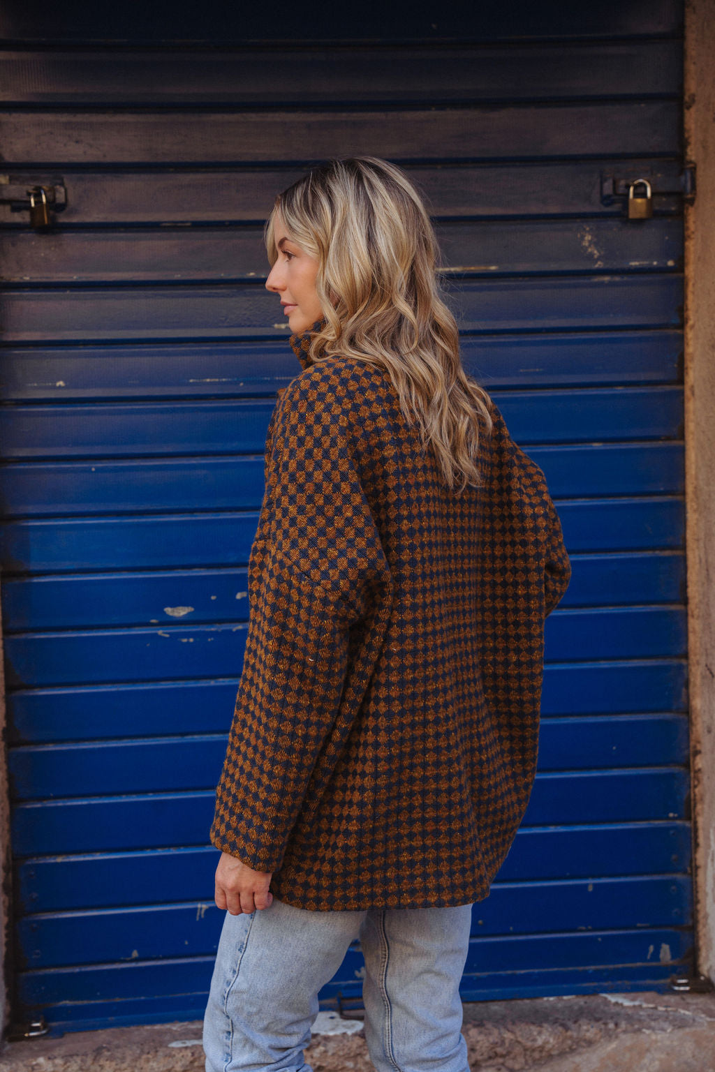 Portuguese Wool Pieper Coat in Brown and Navy Small Check Made to Order