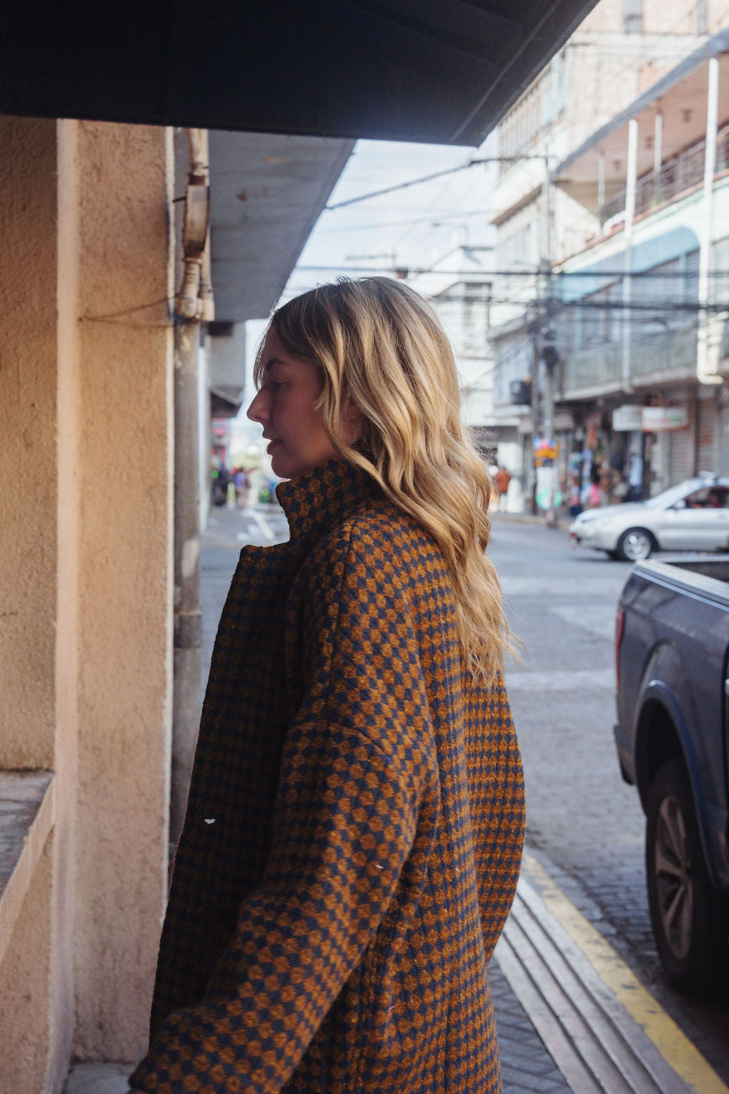 Portuguese Wool Pieper Coat in Brown and Navy Small Check Made to Order