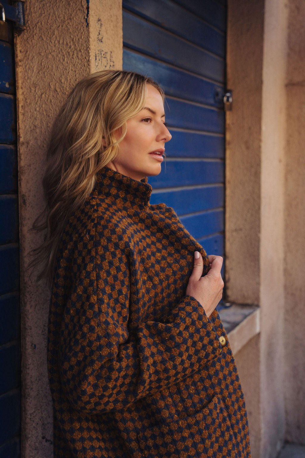 Portuguese Wool Pieper Coat in Brown and Navy Small Check Made to Order