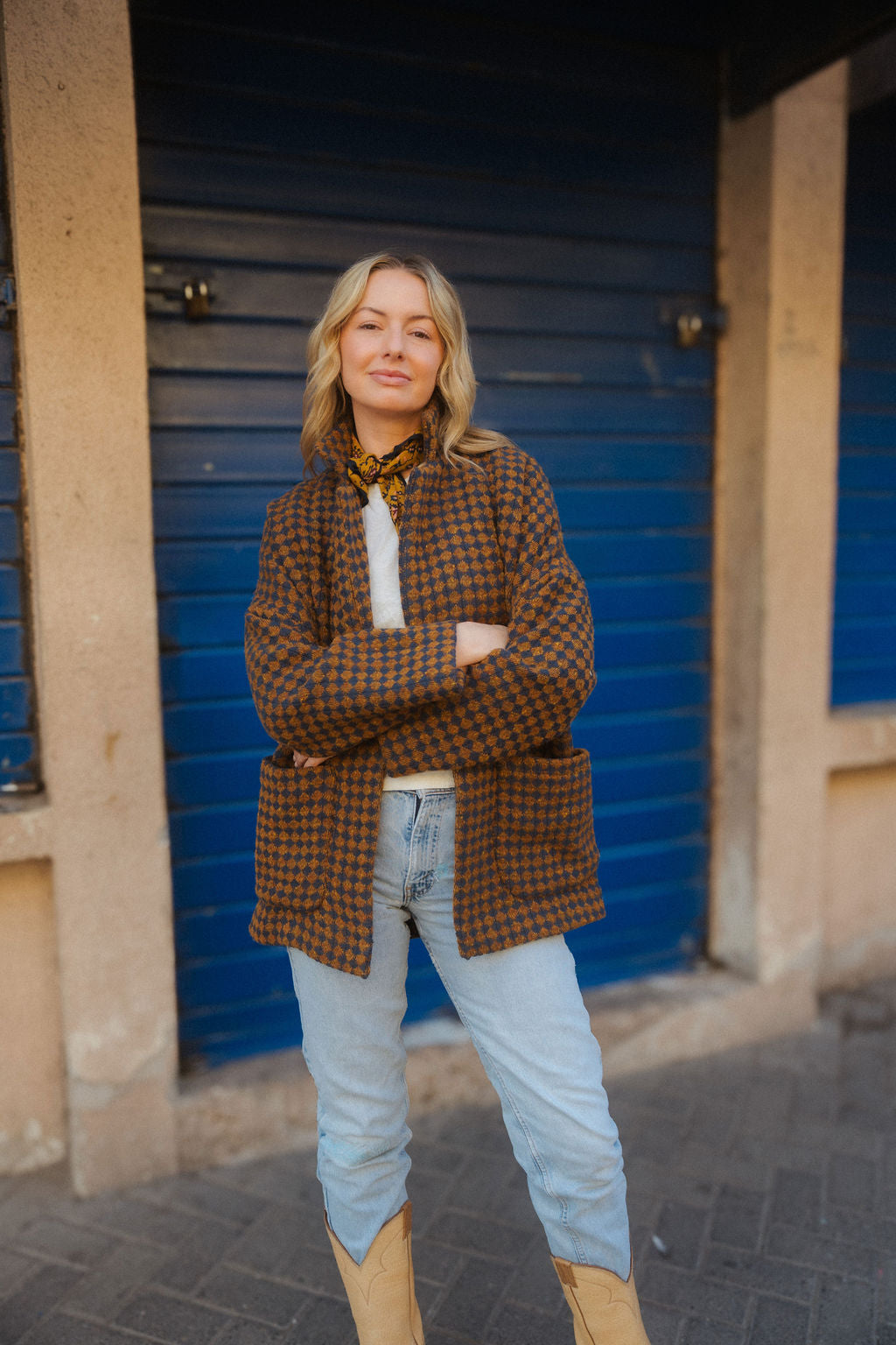 Portuguese Wool Pieper Coat in Brown and Navy Small Check Made to Order