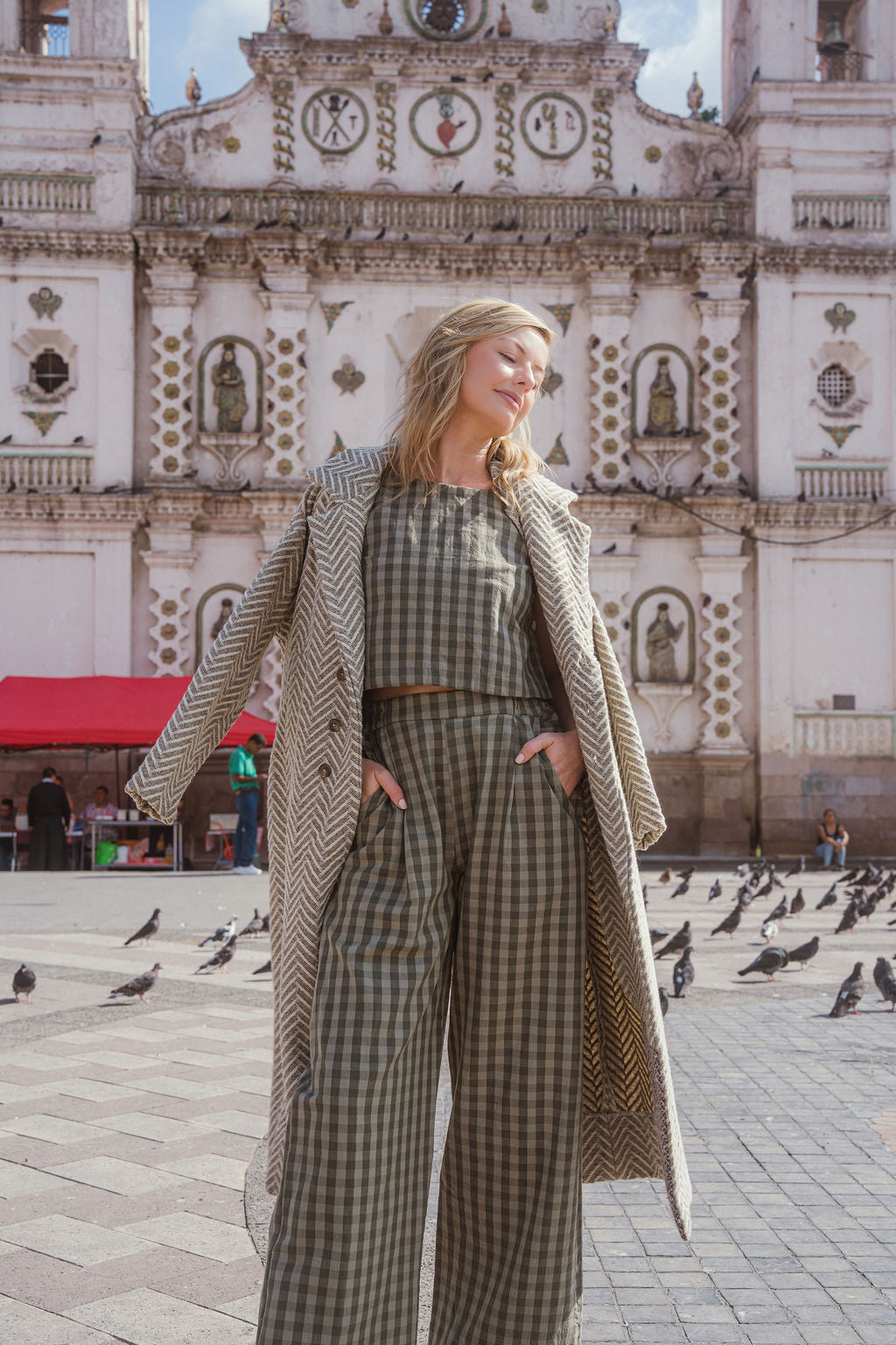 Portuguese Wool Polly Coat in Tan and Cream Herringbone Made to Order