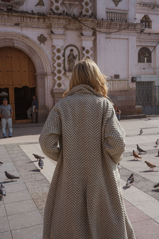 Portuguese Wool Polly Coat in Tan and Cream Herringbone Made to Order