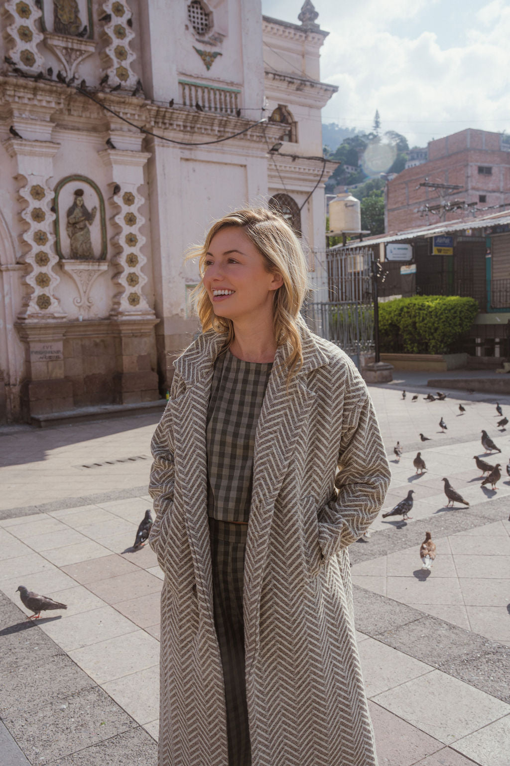 Portuguese Wool Polly Coat in Tan and Cream Herringbone Made to Order