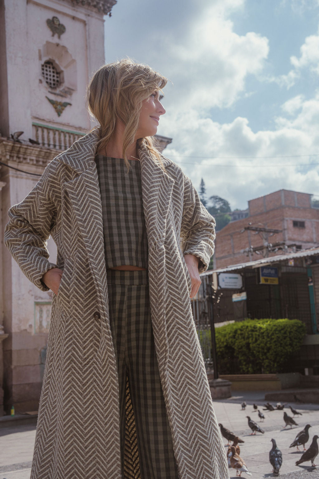 Portuguese Wool Polly Coat in Tan and Cream Herringbone Made to Order