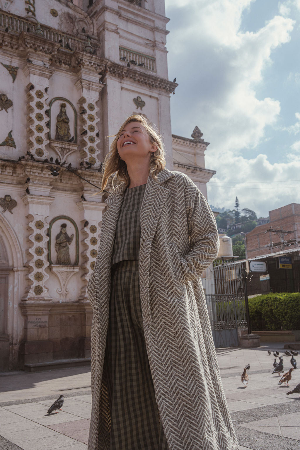 Portuguese Wool Polly Coat in Tan and Cream Herringbone Made to Order