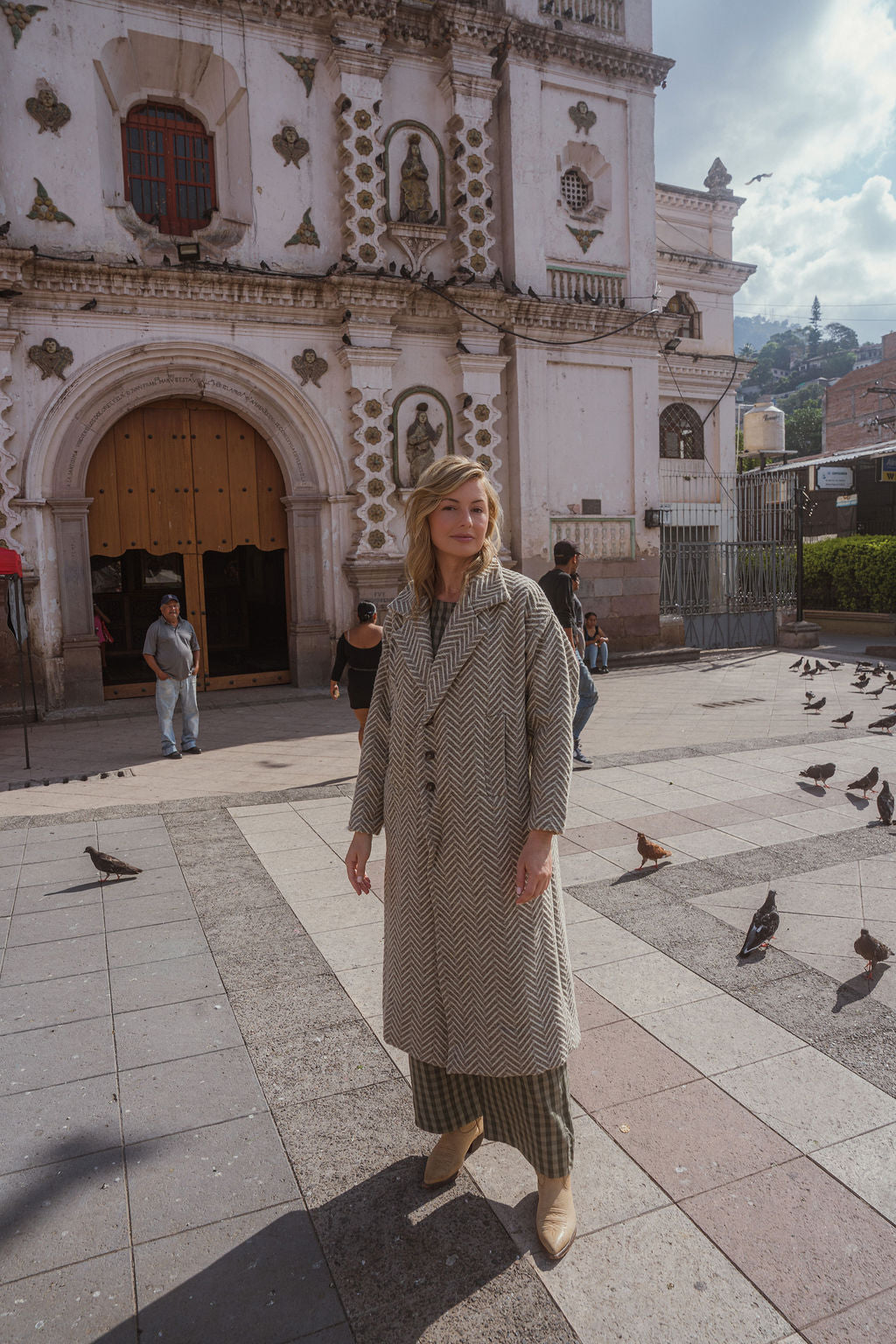 Portuguese Wool Polly Coat in Tan and Cream Herringbone Made to Order