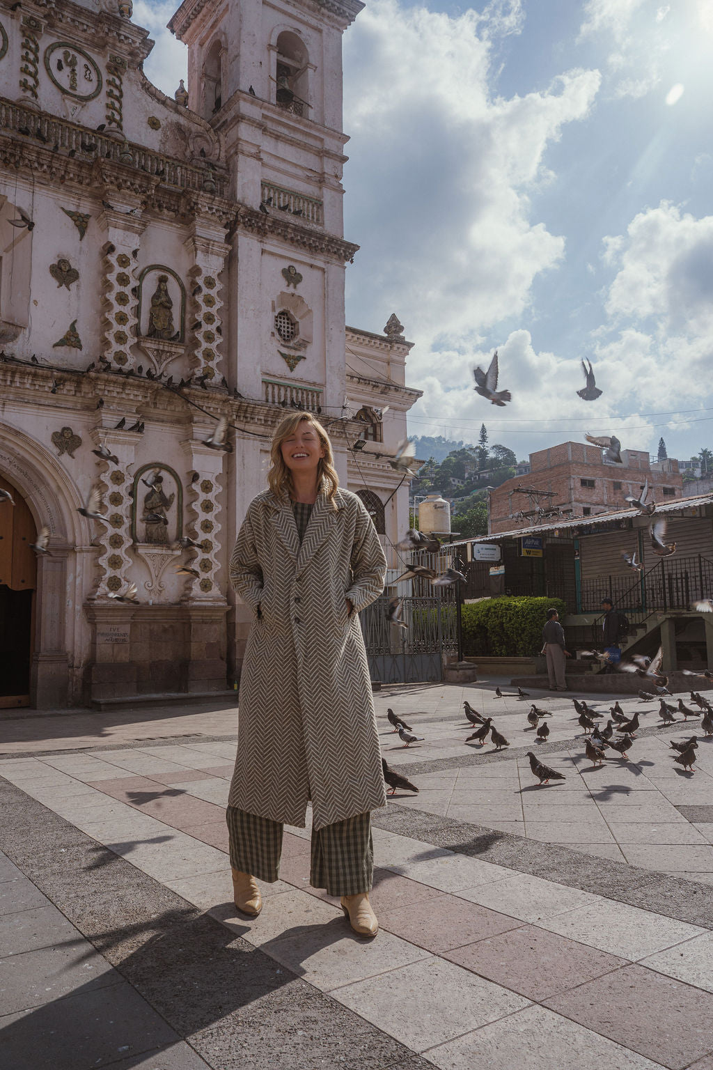 Portuguese Wool Polly Coat in Tan and Cream Herringbone Made to Order