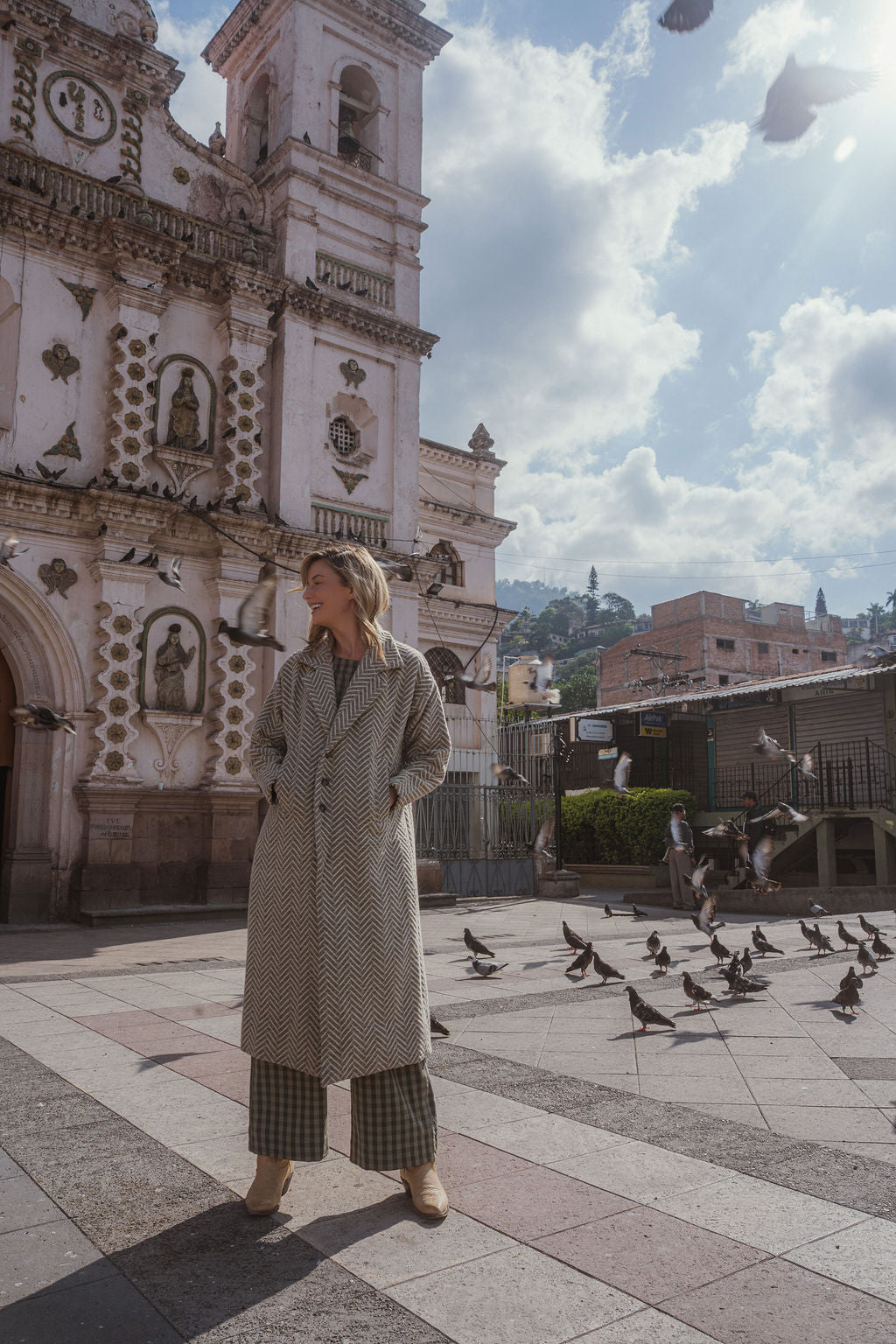 Portuguese Wool Polly Coat in Tan and Cream Herringbone Made to Order