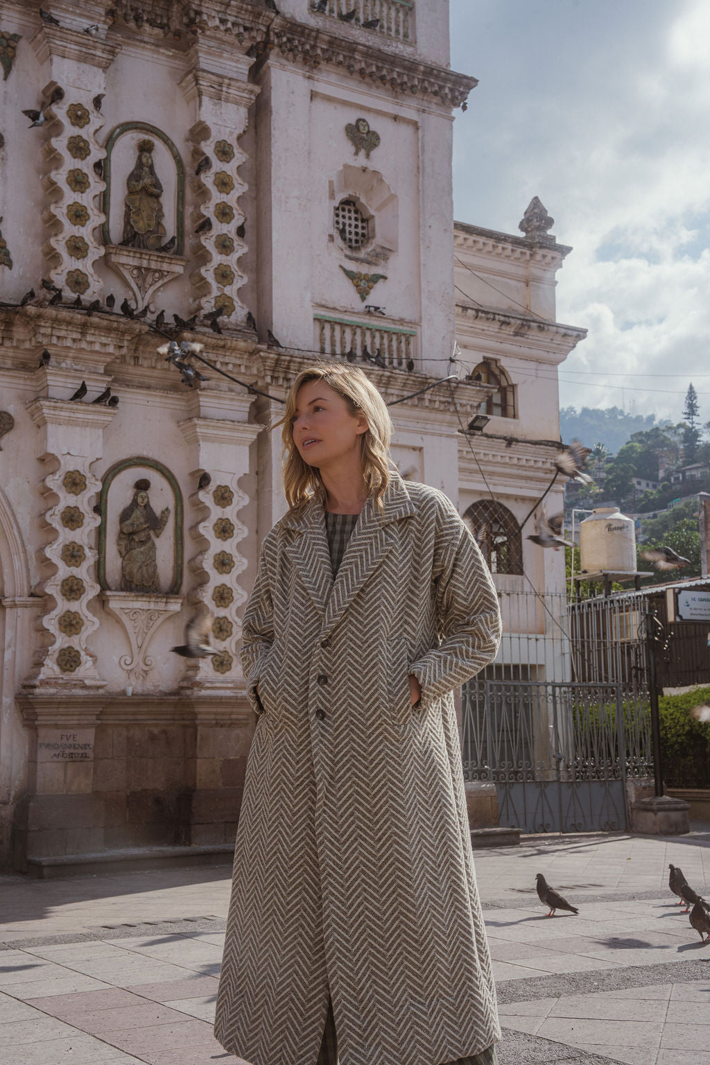 Portuguese Wool Polly Coat in Tan and Cream Herringbone Made to Order