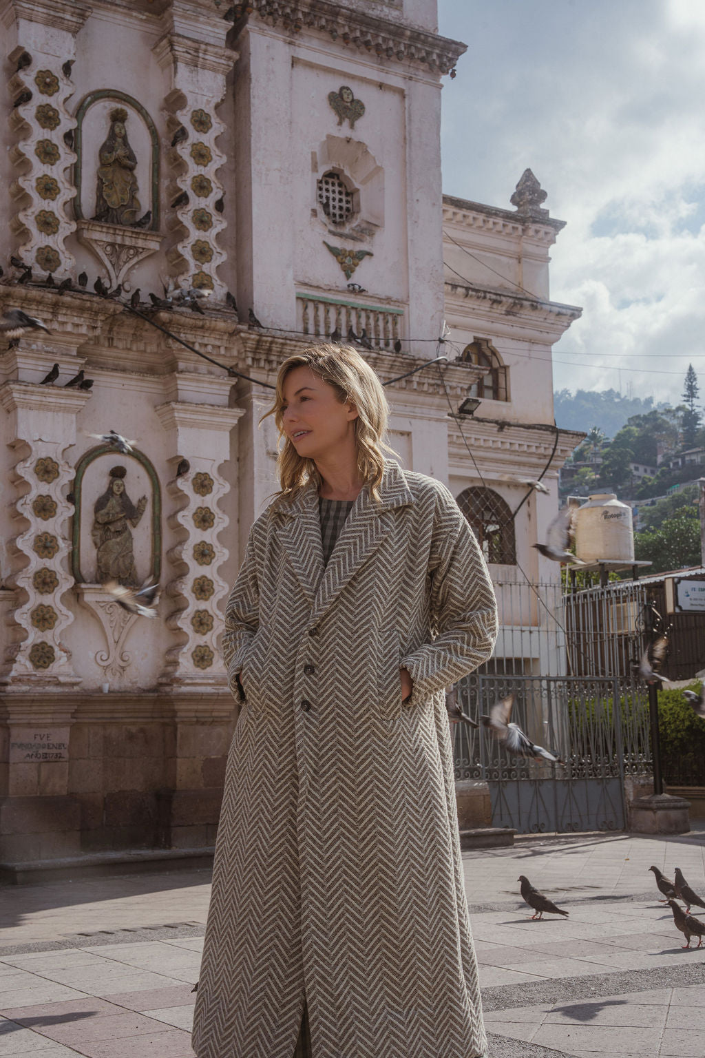 Portuguese Wool Polly Coat in Tan and Cream Herringbone Made to Order