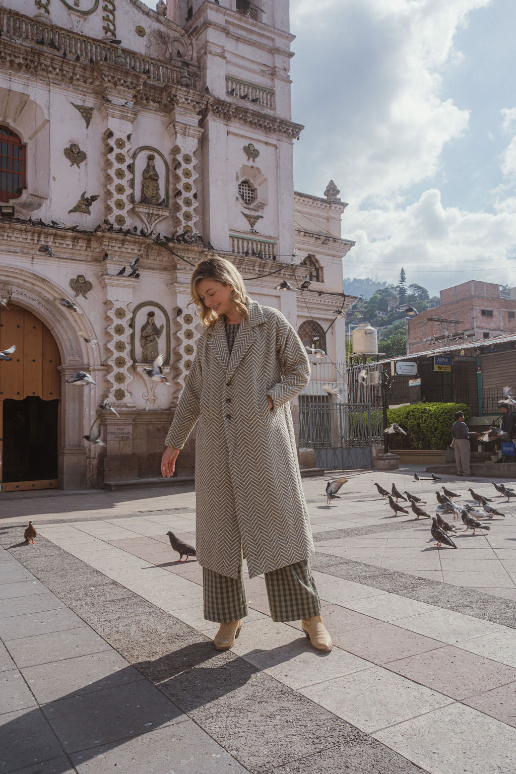 Portuguese Wool Polly Coat in Tan and Cream Herringbone Made to Order
