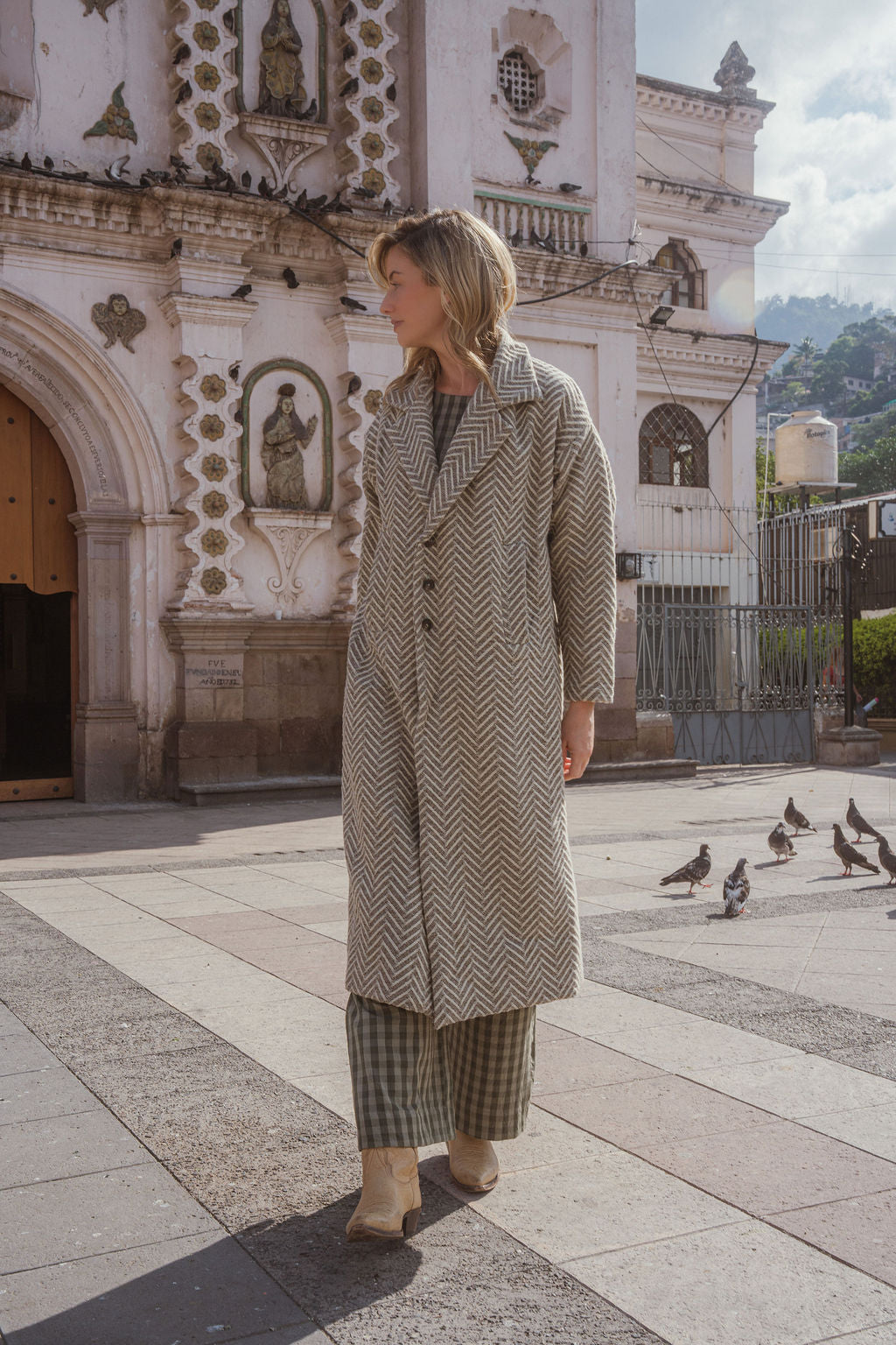Portuguese Wool Polly Coat in Tan and Cream Herringbone Made to Order