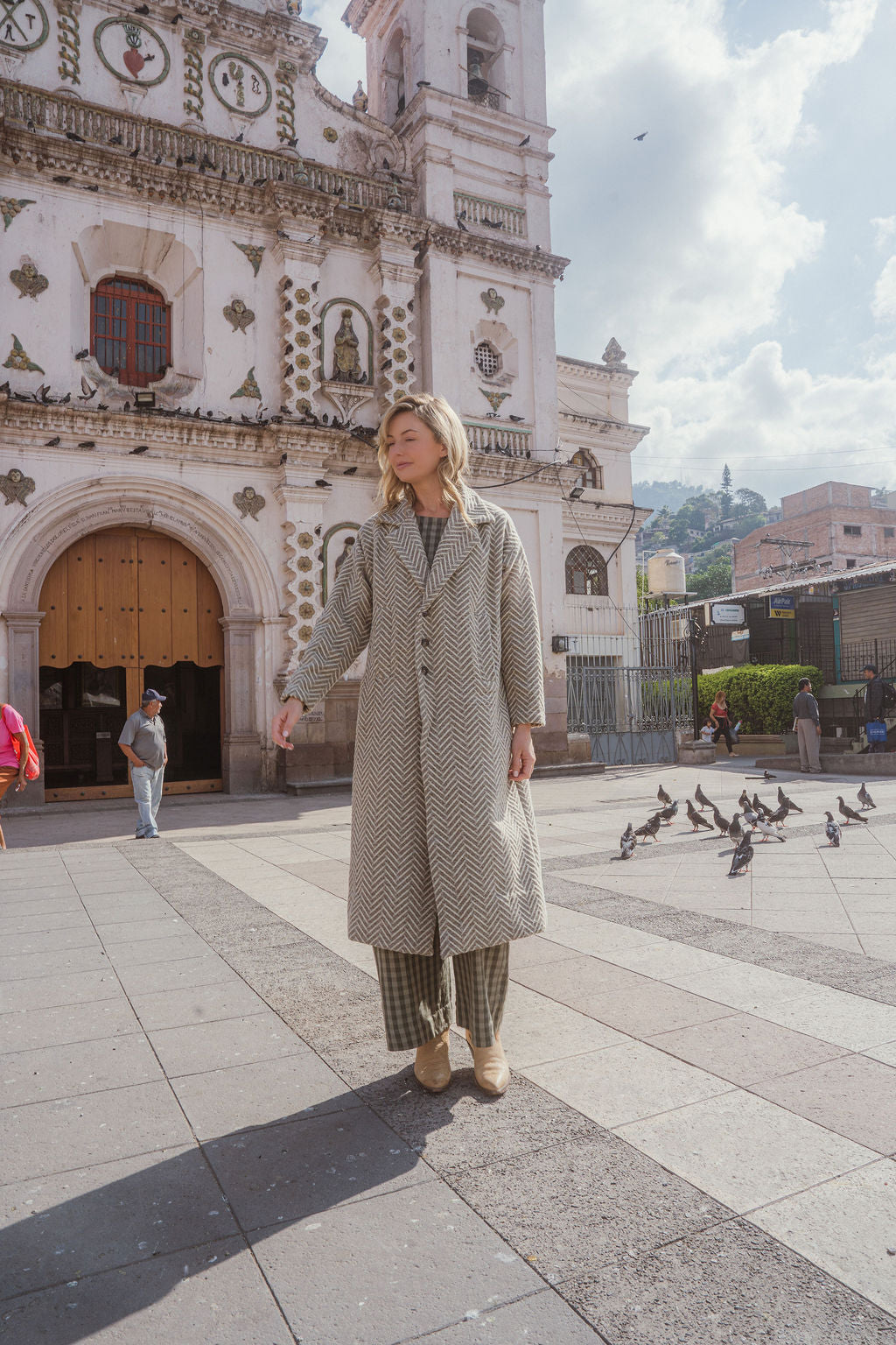 Portuguese Wool Polly Coat in Tan and Cream Herringbone Made to Order