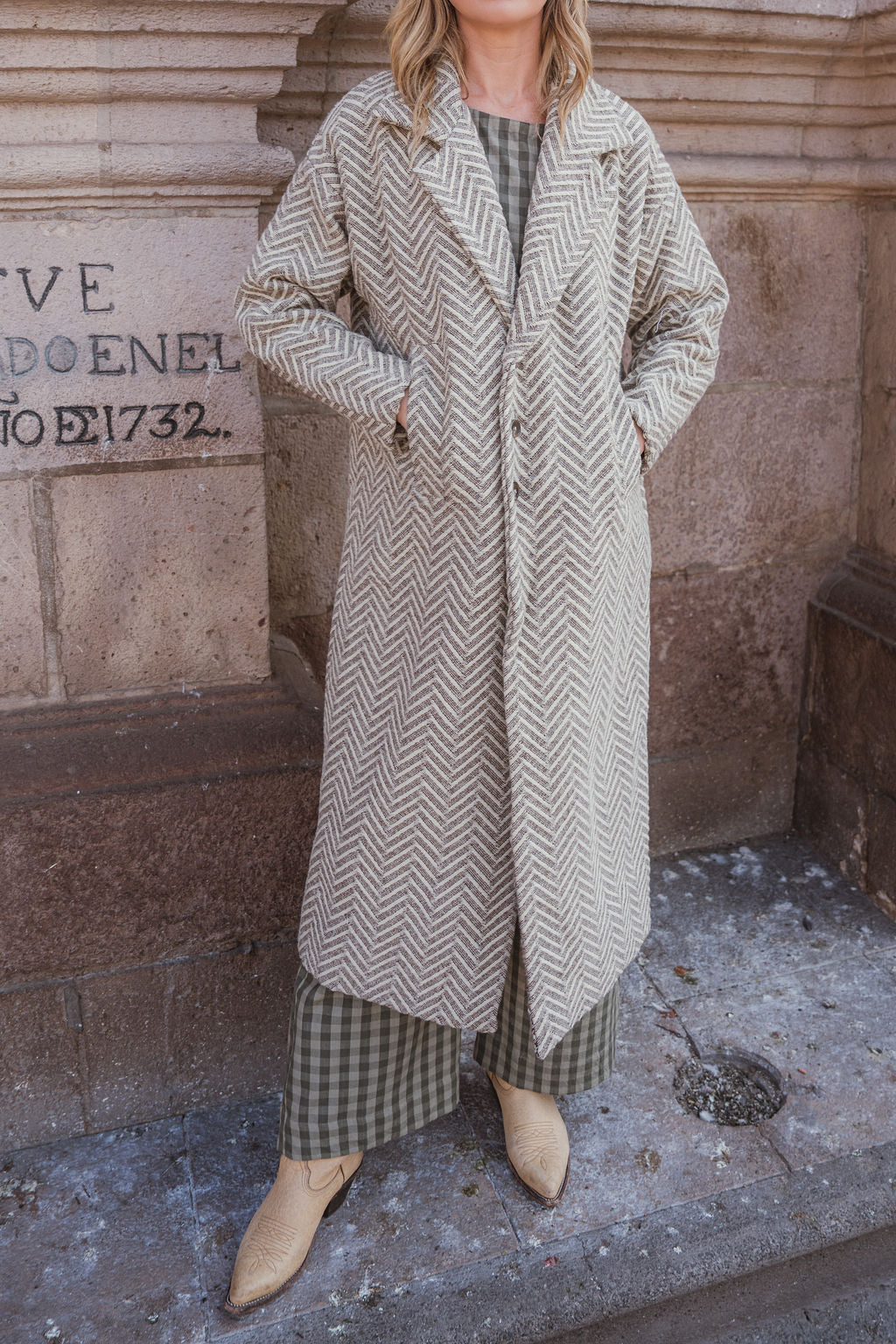 Portuguese Wool Polly Coat in Tan and Cream Herringbone Made to Order
