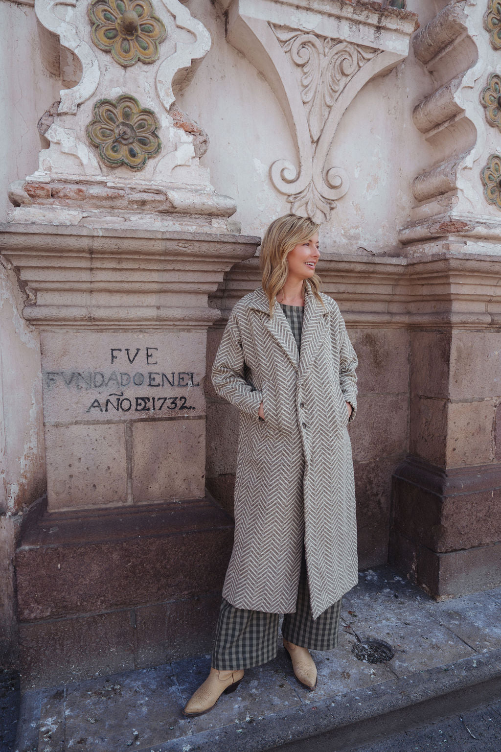 Portuguese Wool Polly Coat in Tan and Cream Herringbone Made to Order