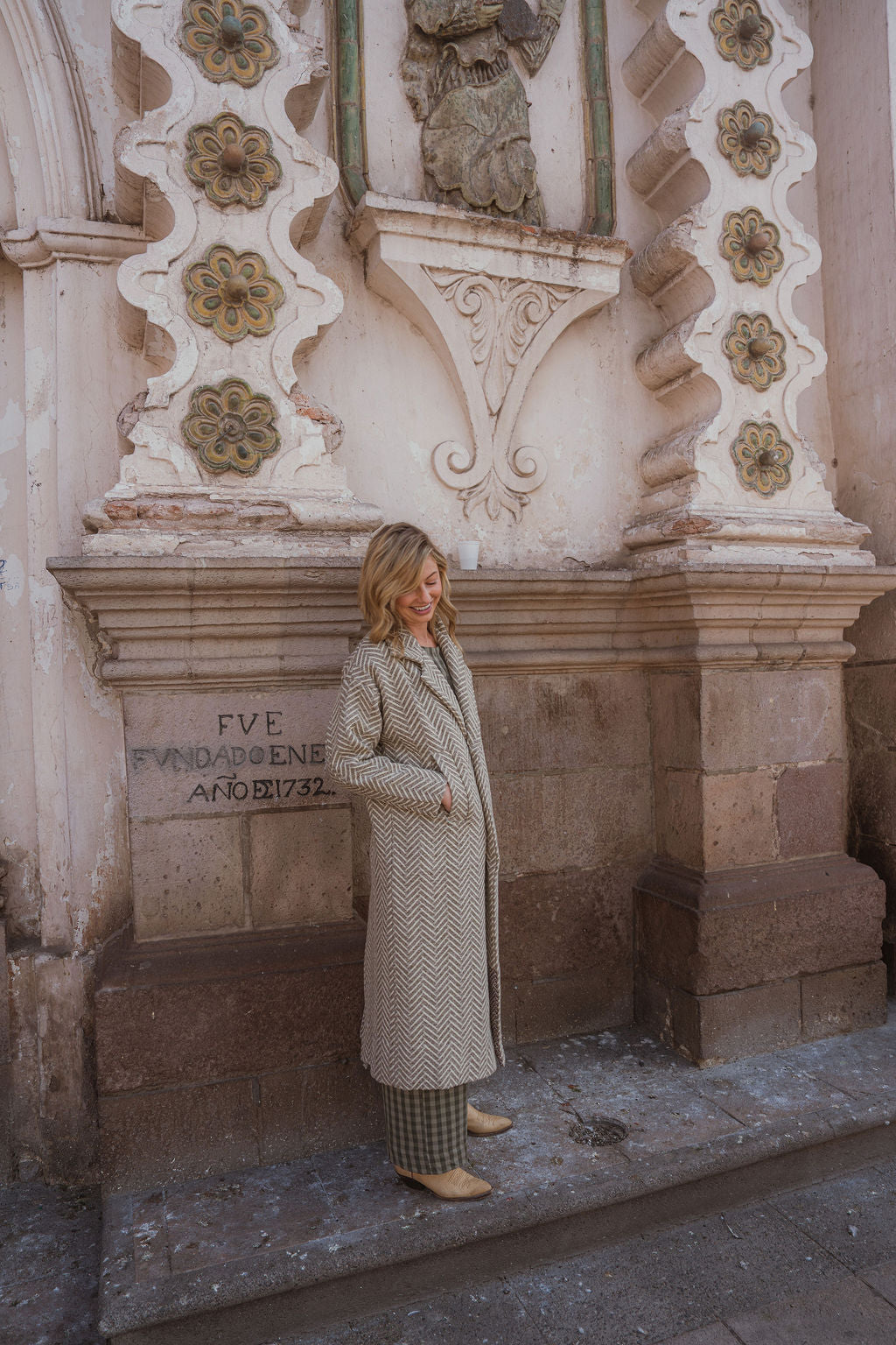 Portuguese Wool Polly Coat in Tan and Cream Herringbone Made to Order