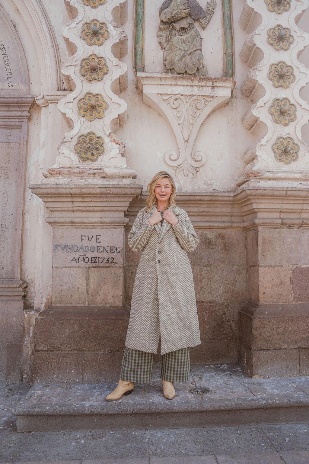 Portuguese Wool Polly Coat in Tan and Cream Herringbone Made to Order