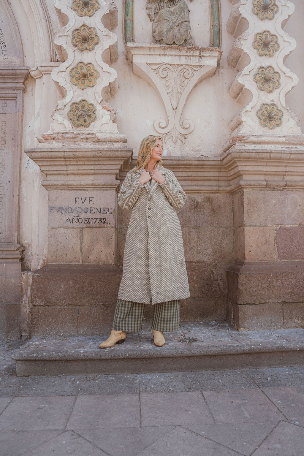 Portuguese Wool Polly Coat in Tan and Cream Herringbone Made to Order