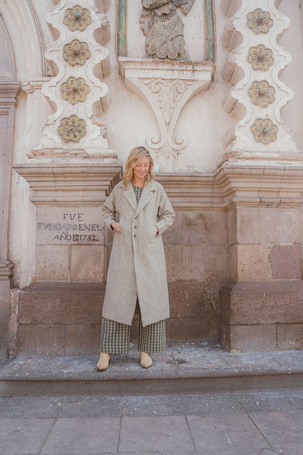 Portuguese Wool Polly Coat in Tan and Cream Herringbone Made to Order