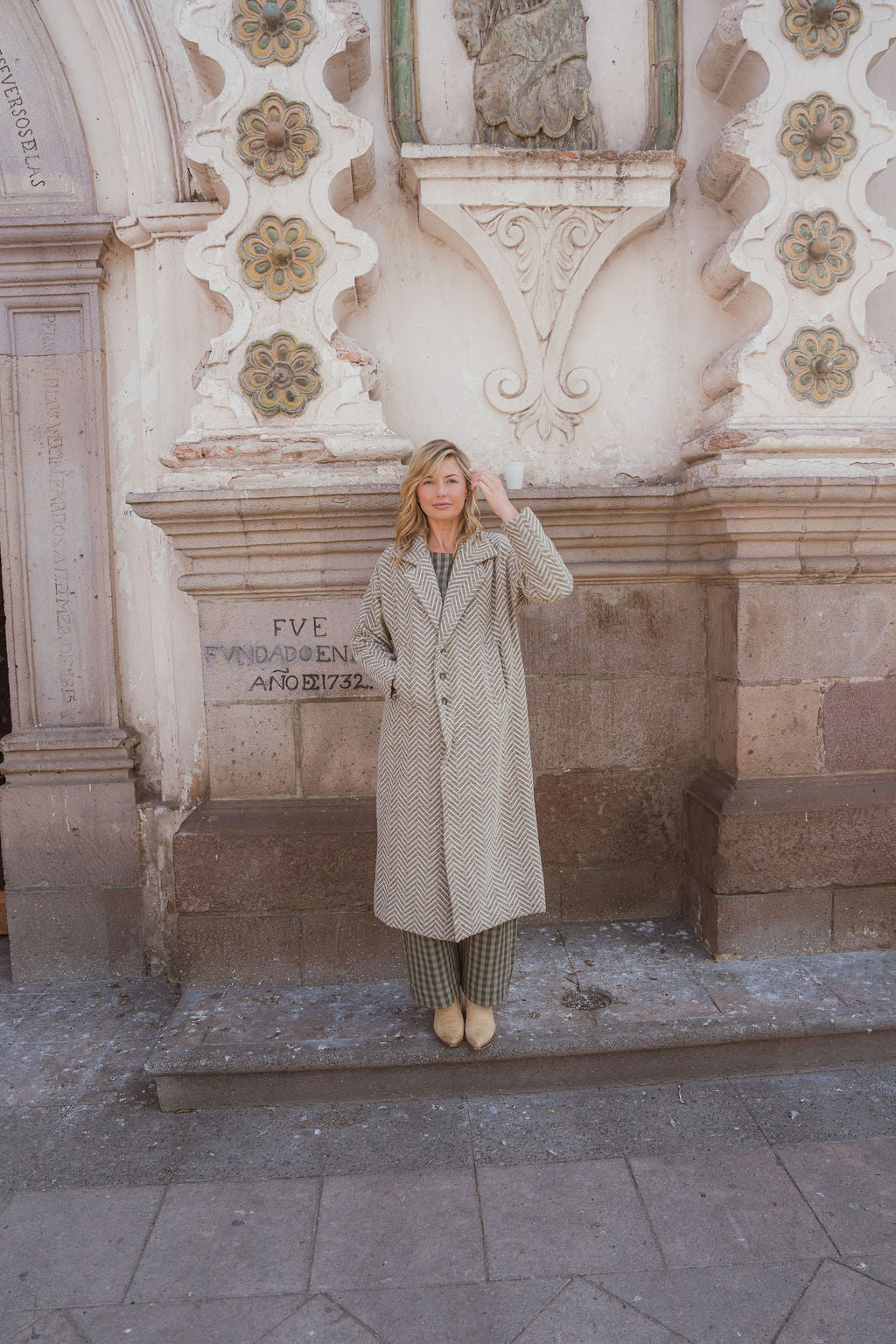 Portuguese Wool Polly Coat in Tan and Cream Herringbone Made to Order