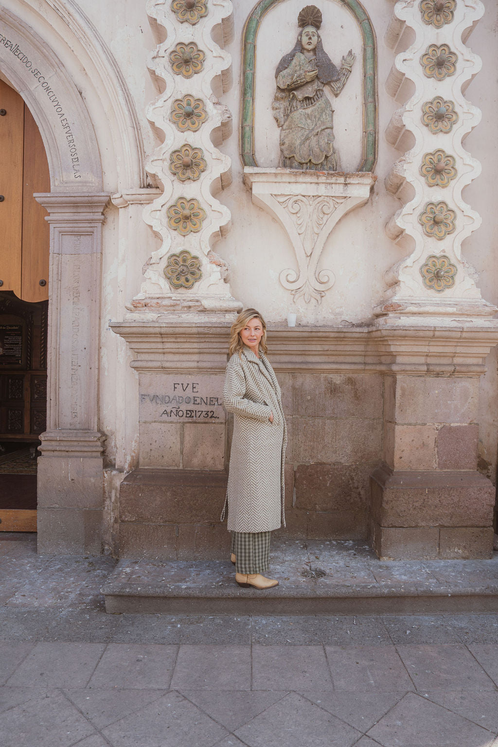 Portuguese Wool Polly Coat in Tan and Cream Herringbone Made to Order