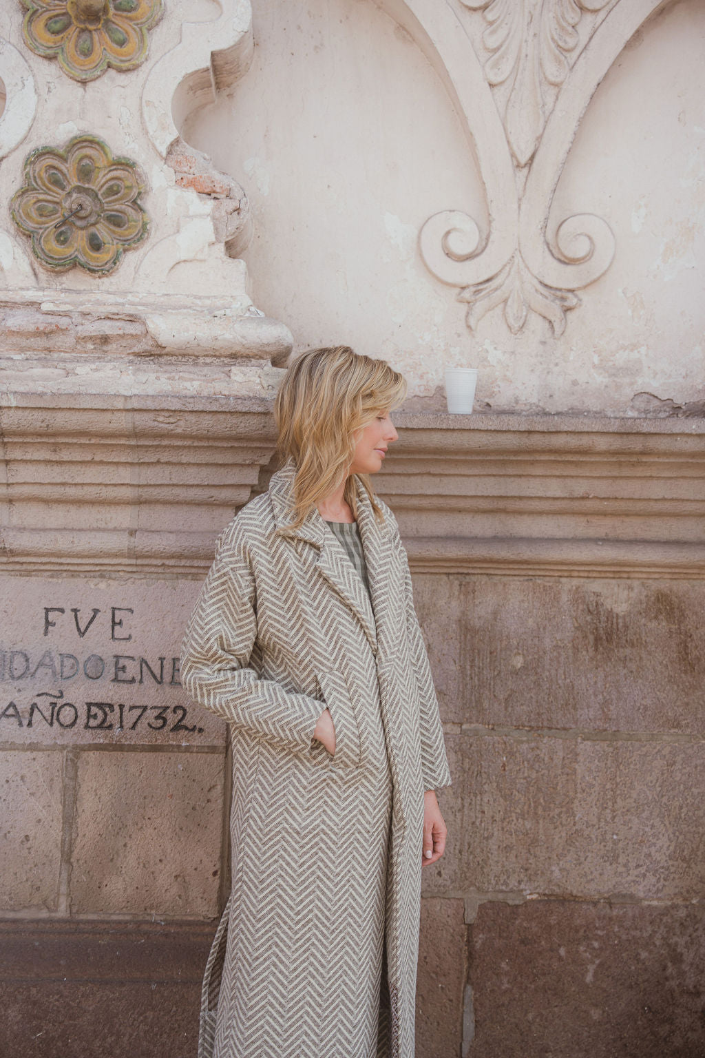 Portuguese Wool Polly Coat in Tan and Cream Herringbone Made to Order