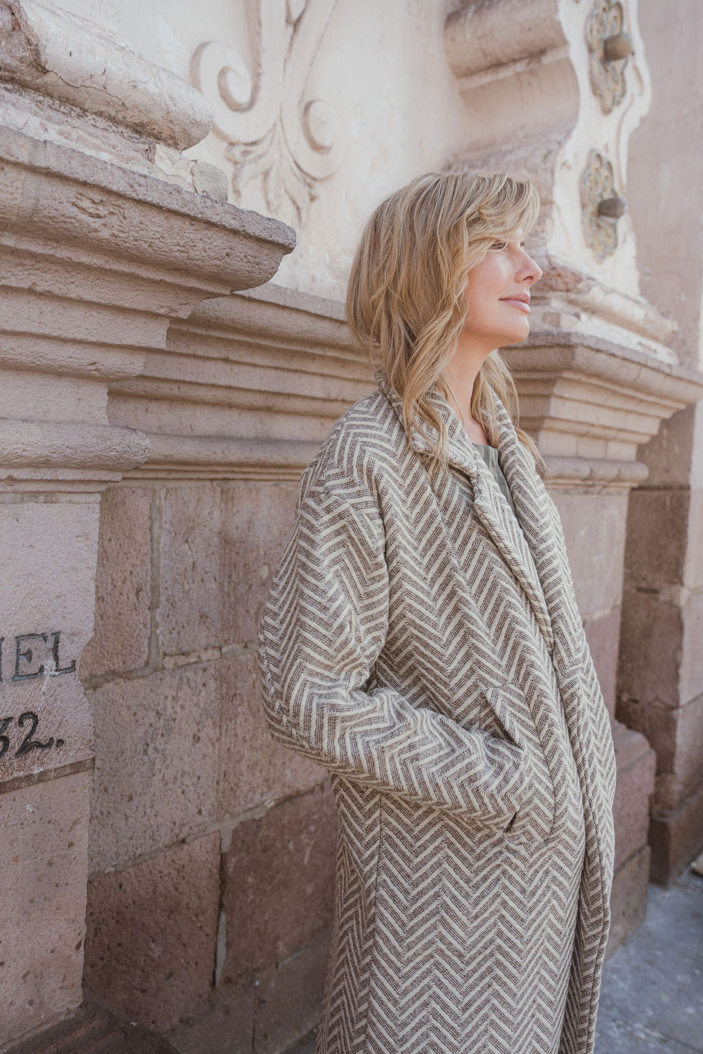 Portuguese Wool Polly Coat in Tan and Cream Herringbone Made to Order