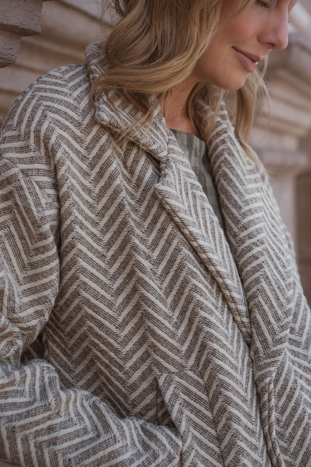 Portuguese Wool Polly Coat in Tan and Cream Herringbone Made to Order