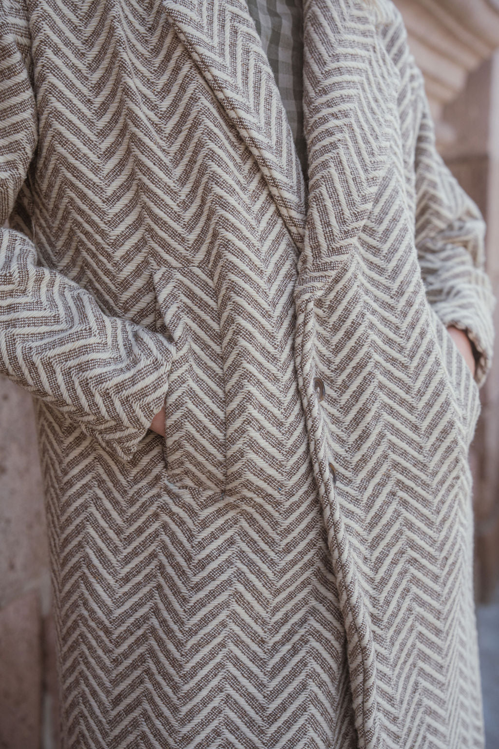 Portuguese Wool Polly Coat in Tan and Cream Herringbone Made to Order