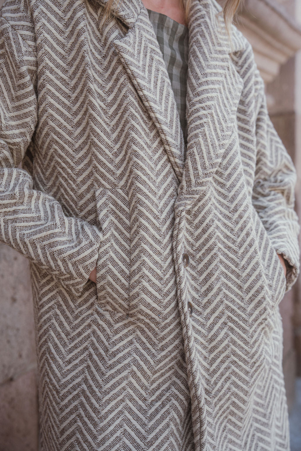 Portuguese Wool Polly Coat in Tan and Cream Herringbone Made to Order