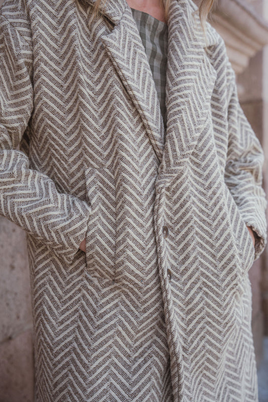 Portuguese Wool Polly Coat in Tan and Cream Herringbone Made to Order