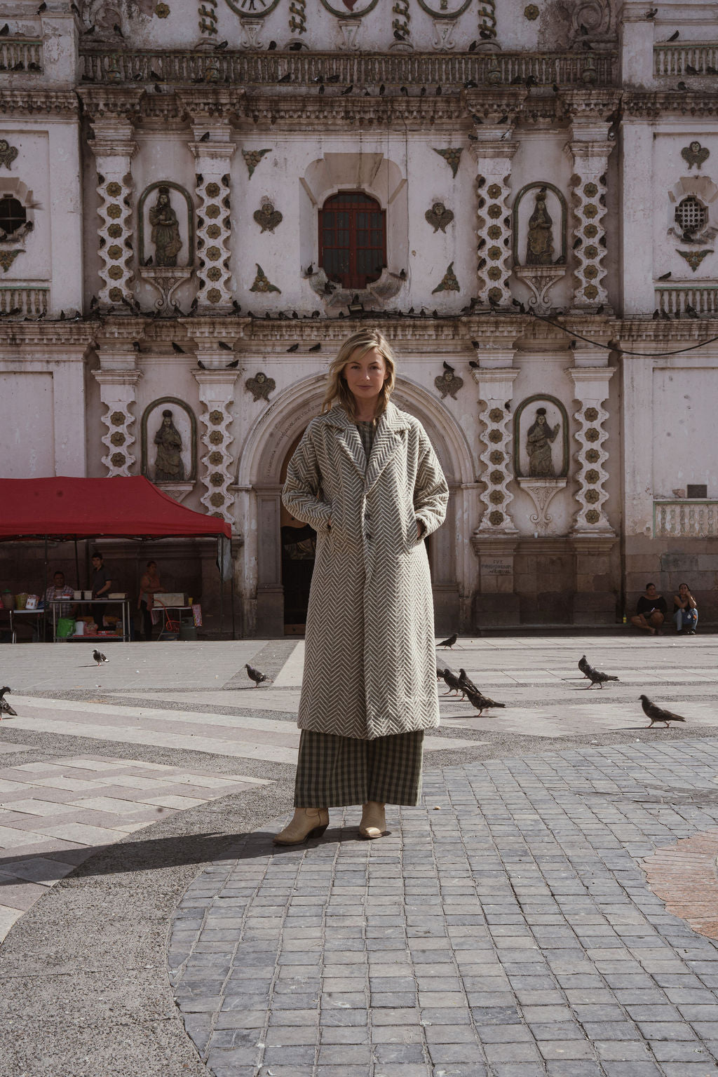 Portuguese Wool Polly Coat in Tan and Cream Herringbone Made to Order