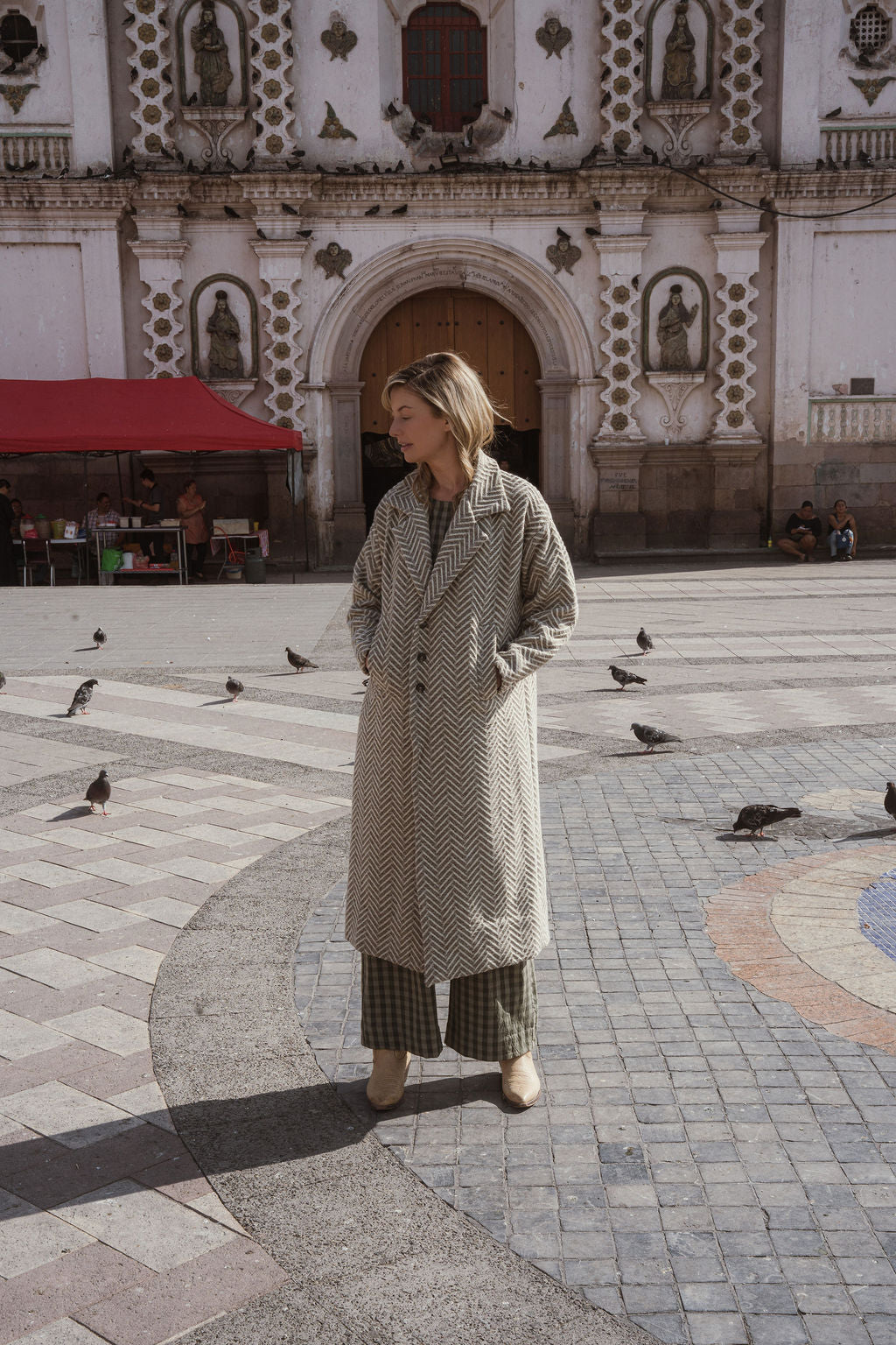 Portuguese Wool Polly Coat in Tan and Cream Herringbone Made to Order