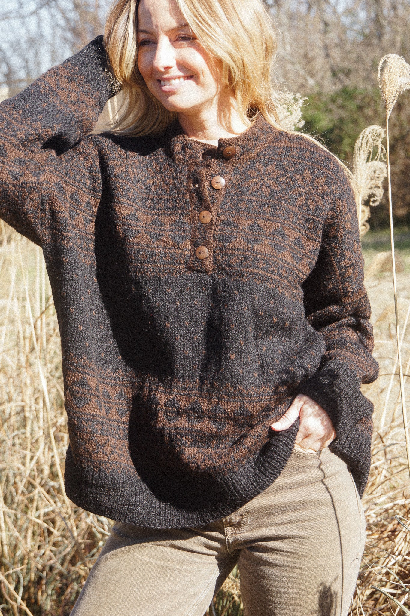 Imogene Oversized Wool Henley in Snowflake Print