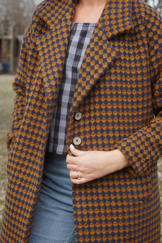 Portuguese Wool Polly Coat in Brown and Navy Check Made to Order February