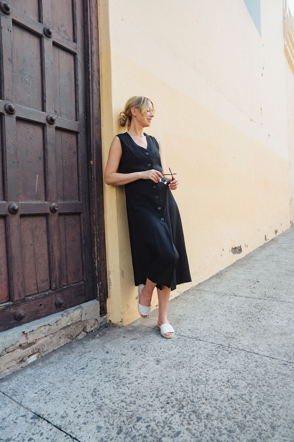 Marcy Midi Dress in Black Linen