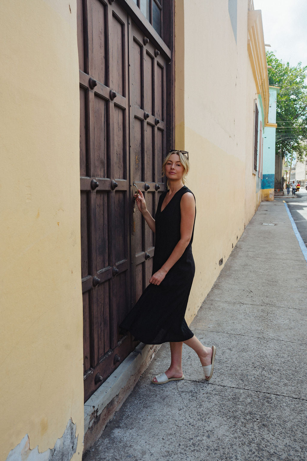Marcy Midi Dress in Black Linen