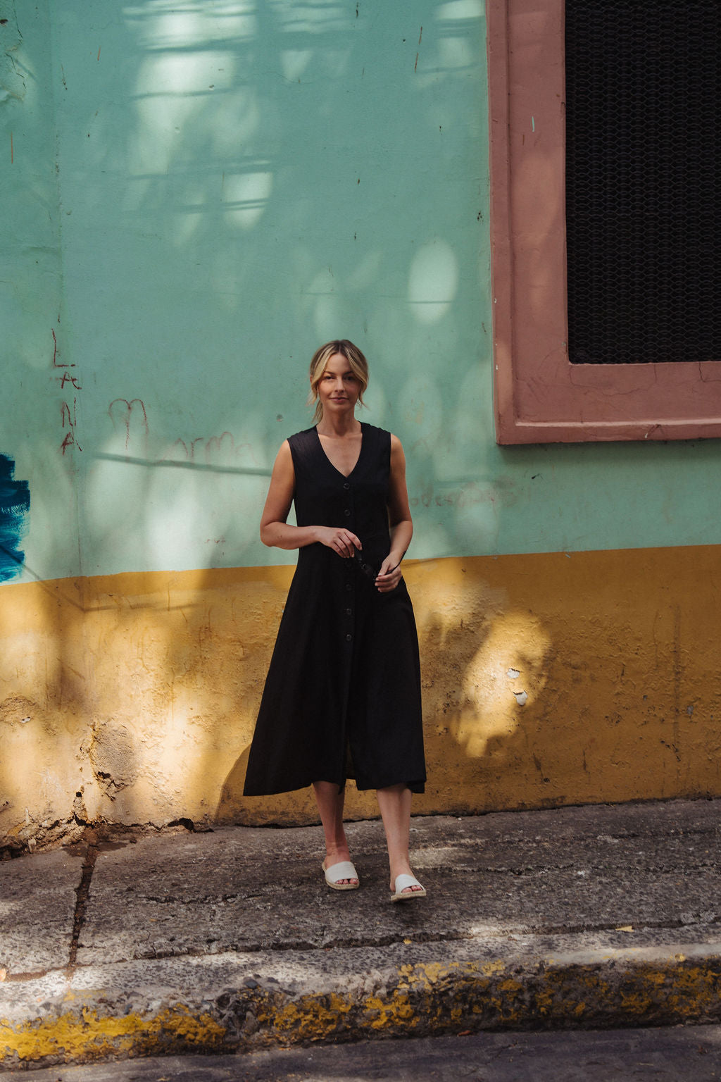 Marcy Midi Dress in Black Linen