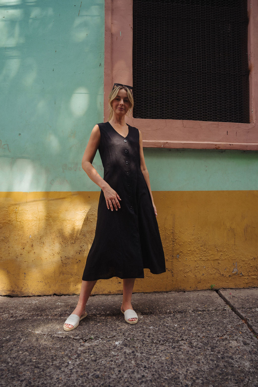 Marcy Midi Dress in Black Linen