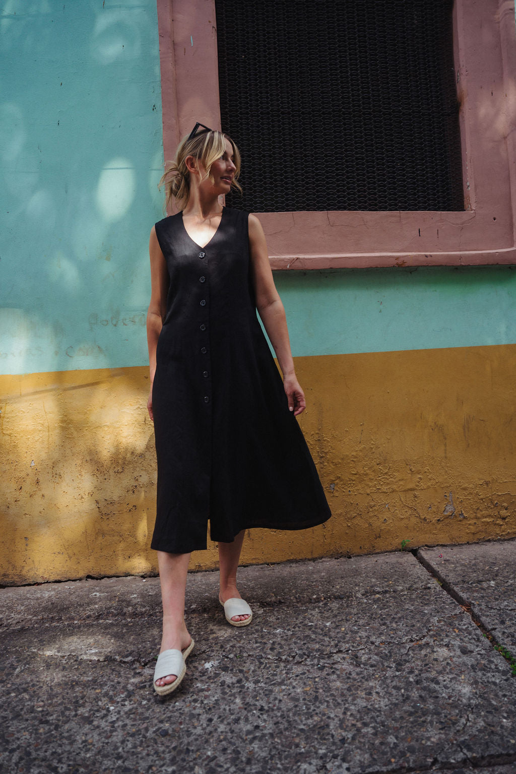 Marcy Midi Dress in Black Linen