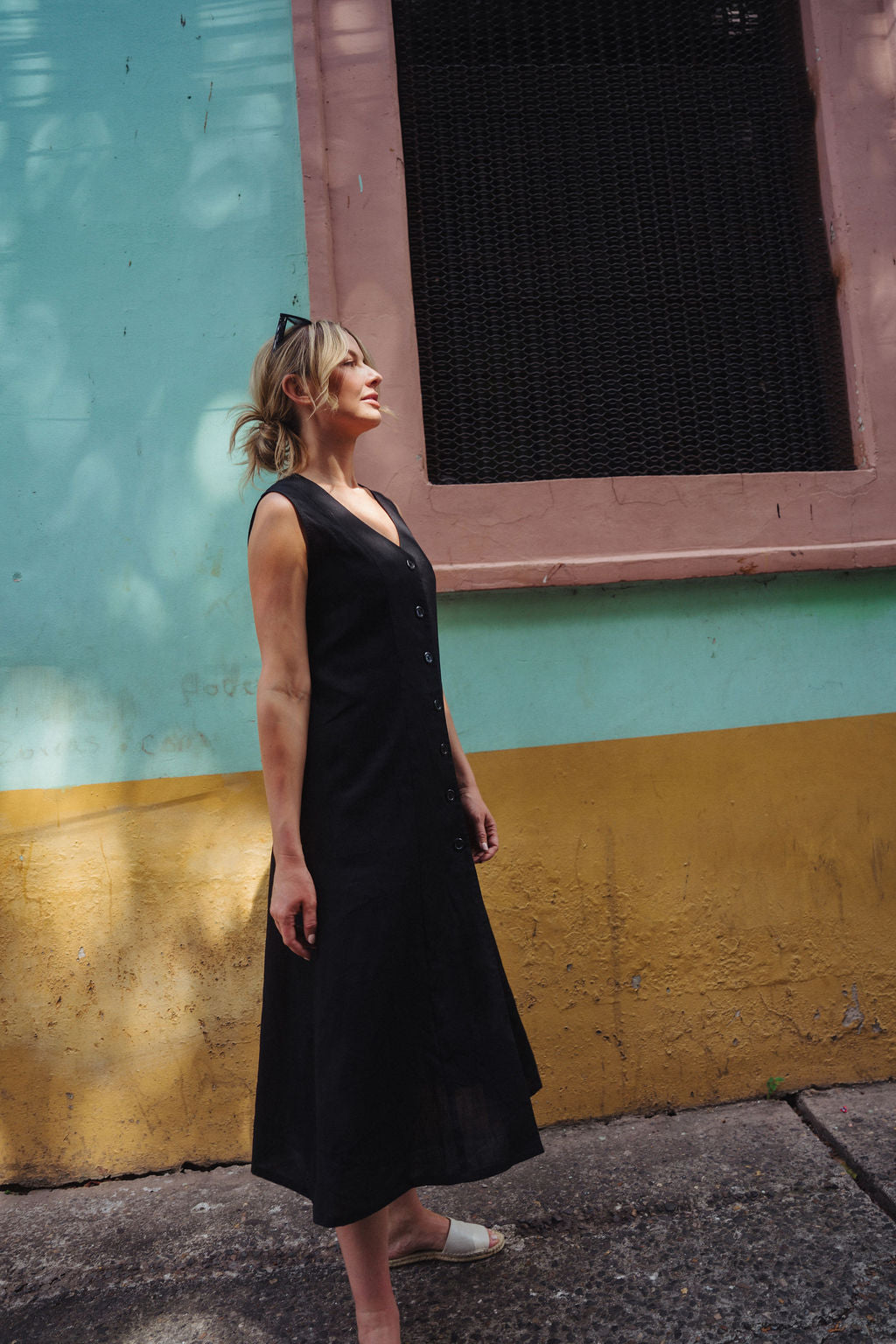 Marcy Midi Dress in Black Linen