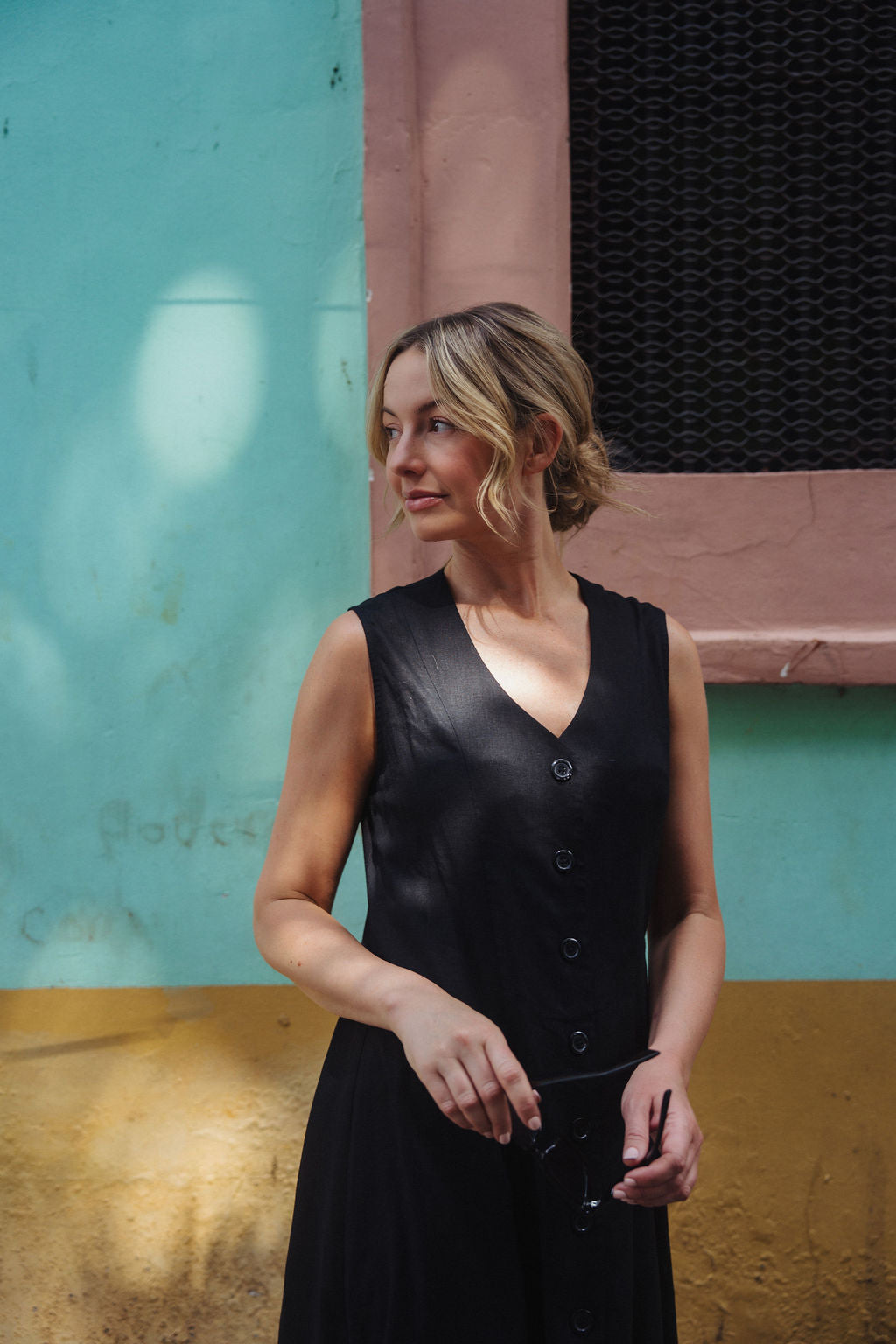 Marcy Midi Dress in Black Linen