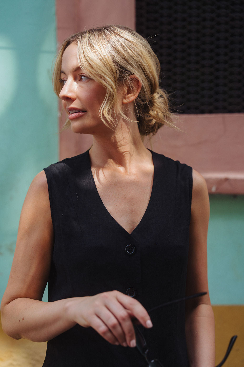 Marcy Midi Dress in Black Linen