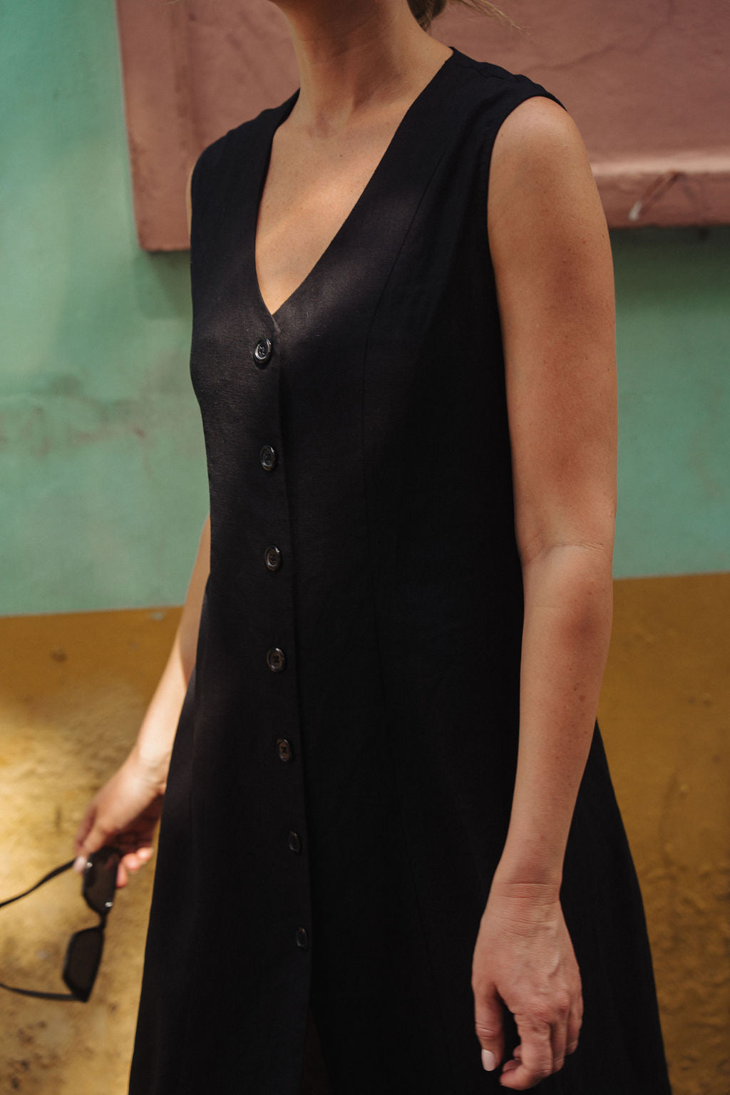 Marcy Midi Dress in Black Linen
