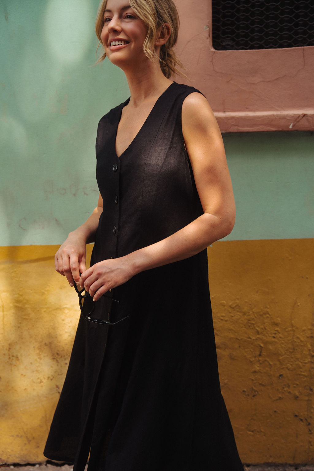 Marcy Midi Dress in Black Linen