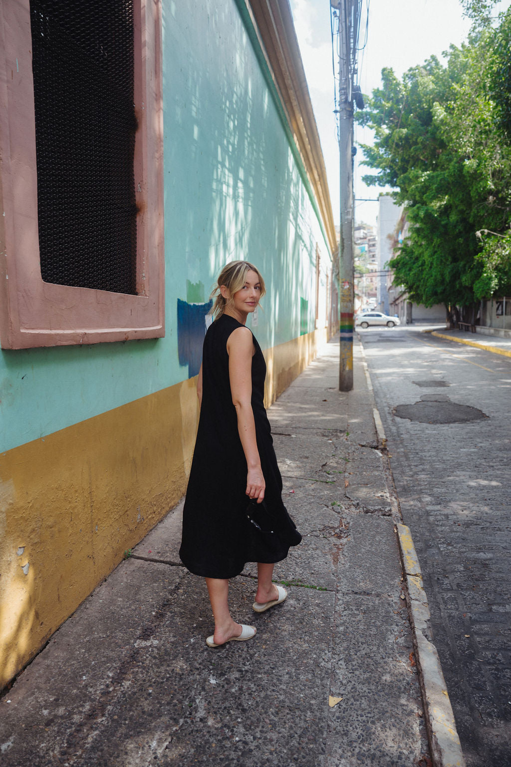 Marcy Midi Dress in Black Linen
