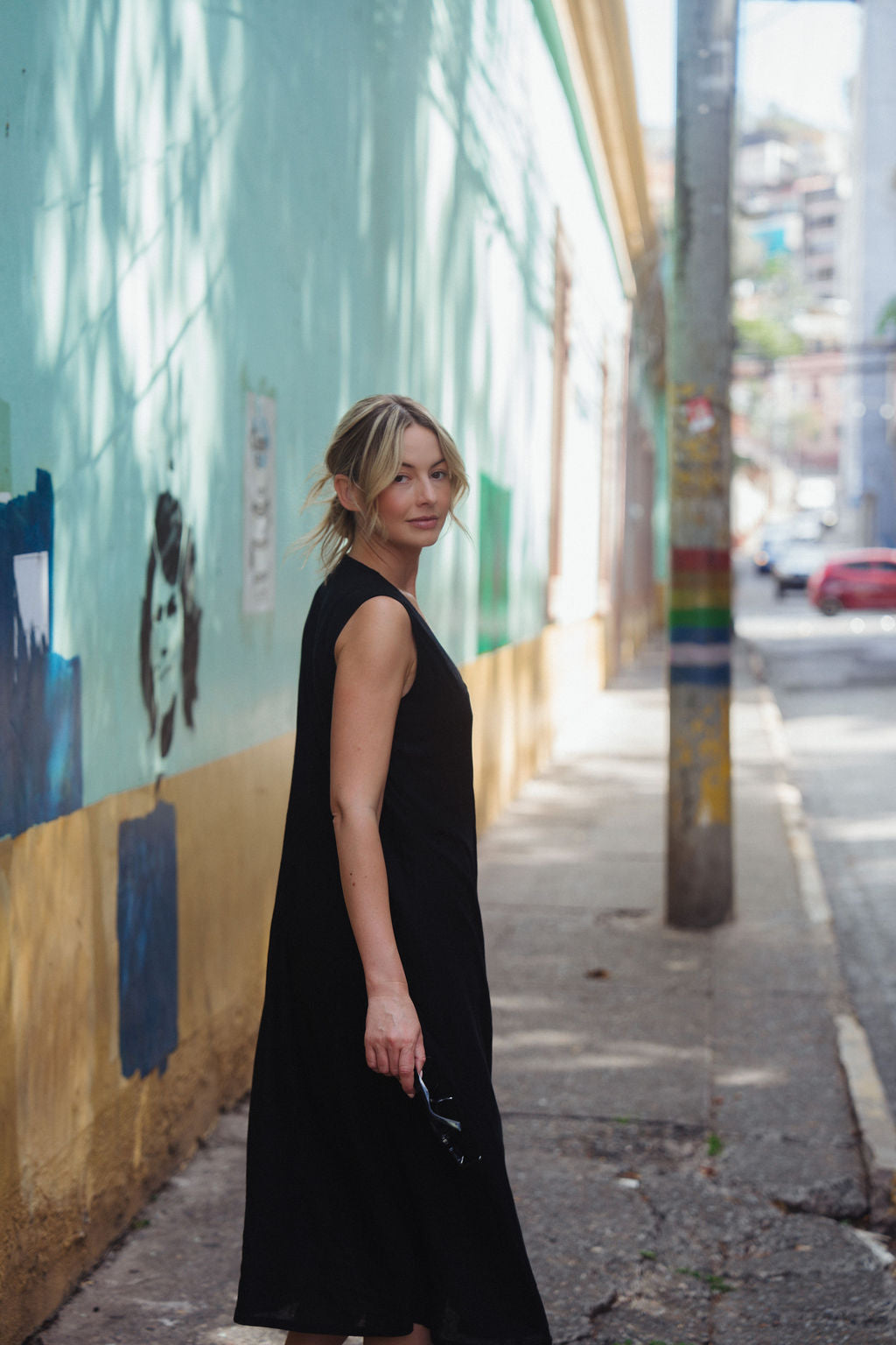 Marcy Midi Dress in Black Linen
