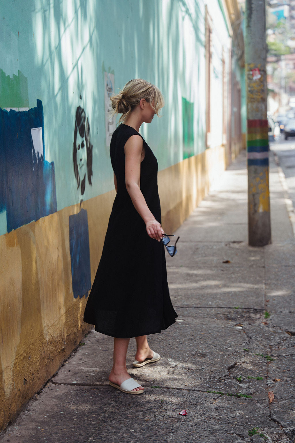 Marcy Midi Dress in Black Linen