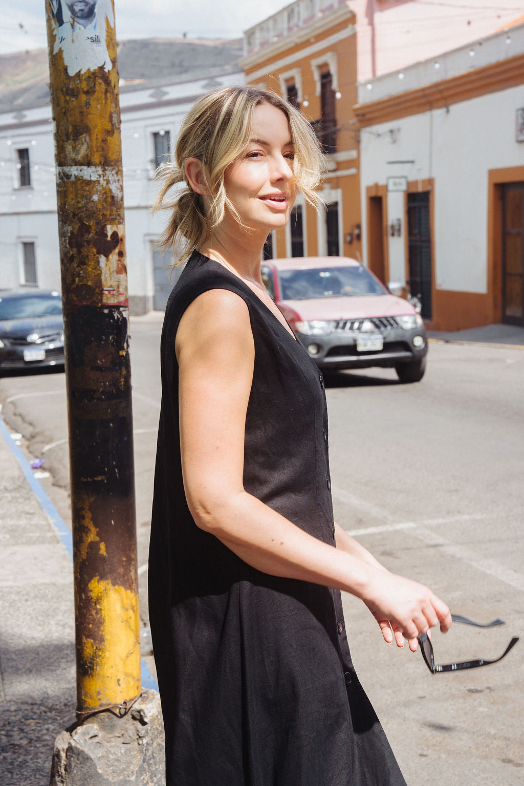 Marcy Midi Dress in Black Linen
