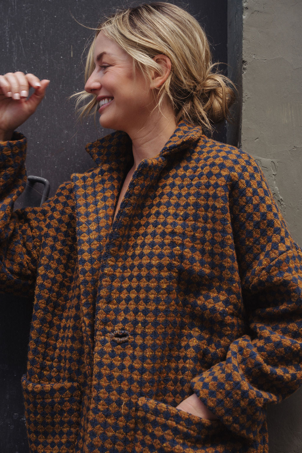 Portuguese Wool Pieper Coat in Brown and Navy Small Check Made to Order
